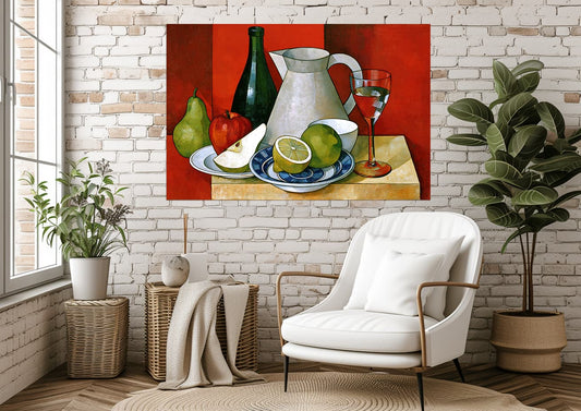 Modern Cubist Still Life with Fruits and Wine – Aluminum Wall Art