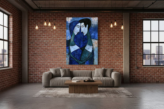 Abstract Blue Lovers Aluminum Metal Print – Modern Romantic Couple Wall Art