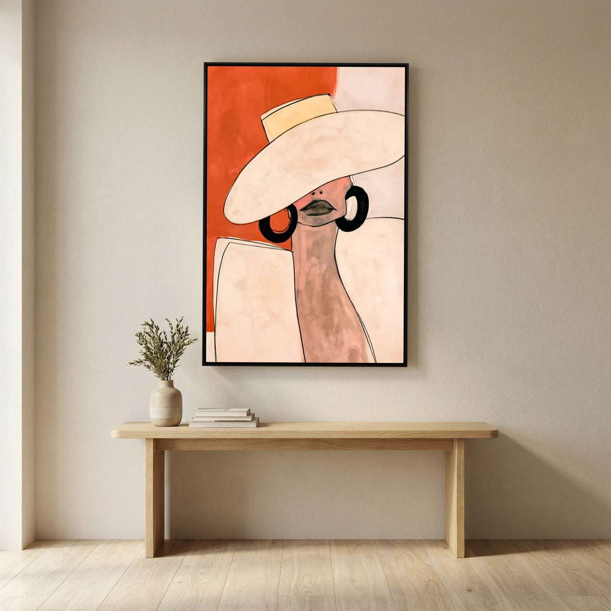 Minimalist Terracotta Fashion Poster – Elegant Woman in Sun Hat Wall Art