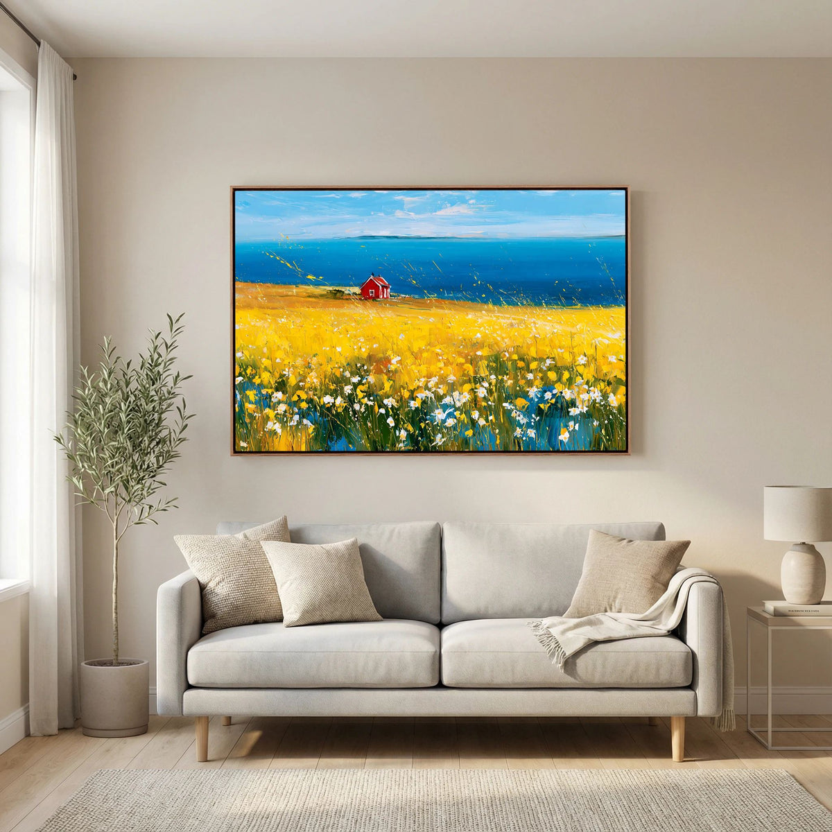 Scandinavian Red Cottage in Yellow Flower Field – Impressionist Fine Art