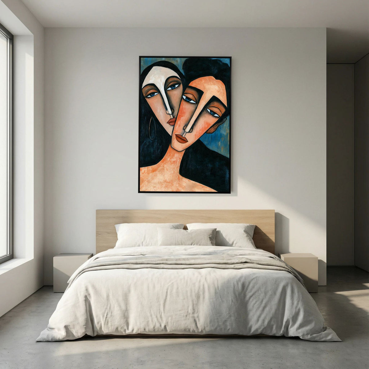Modigliani-Inspired Cubist Lovers Portrait – Fine Art 
