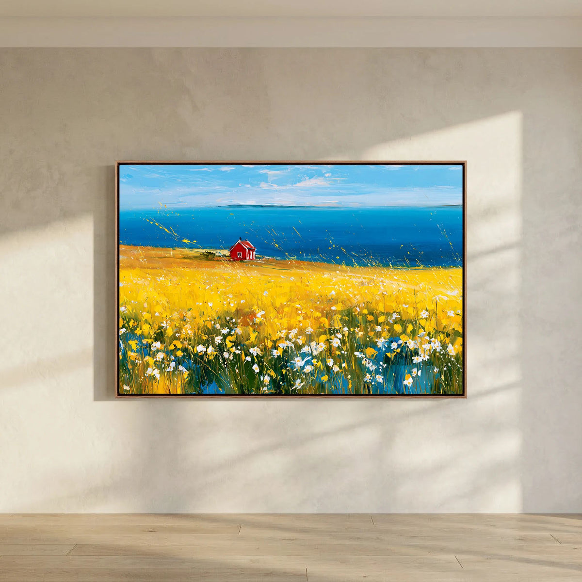 Scandinavian Red Cottage in Yellow Flower Field – Impressionist Fine Art