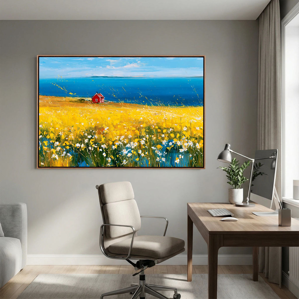 Scandinavian Red Cottage in Yellow Flower Field – Impressionist Fine Art
