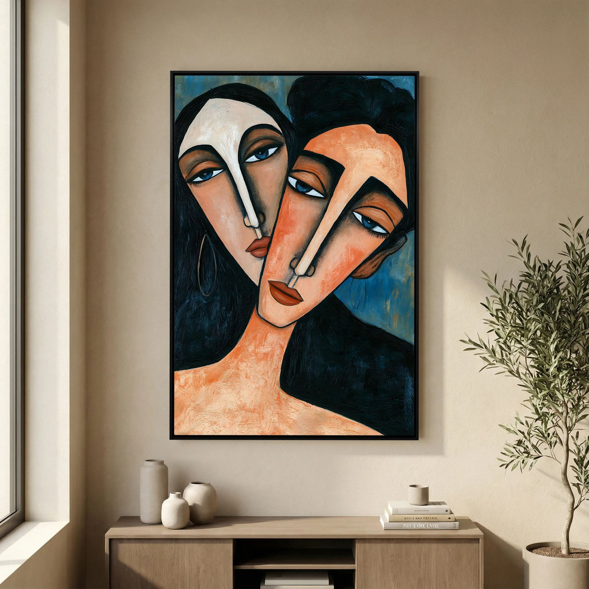 Modigliani-Inspired Cubist Lovers Portrait – Fine Art 