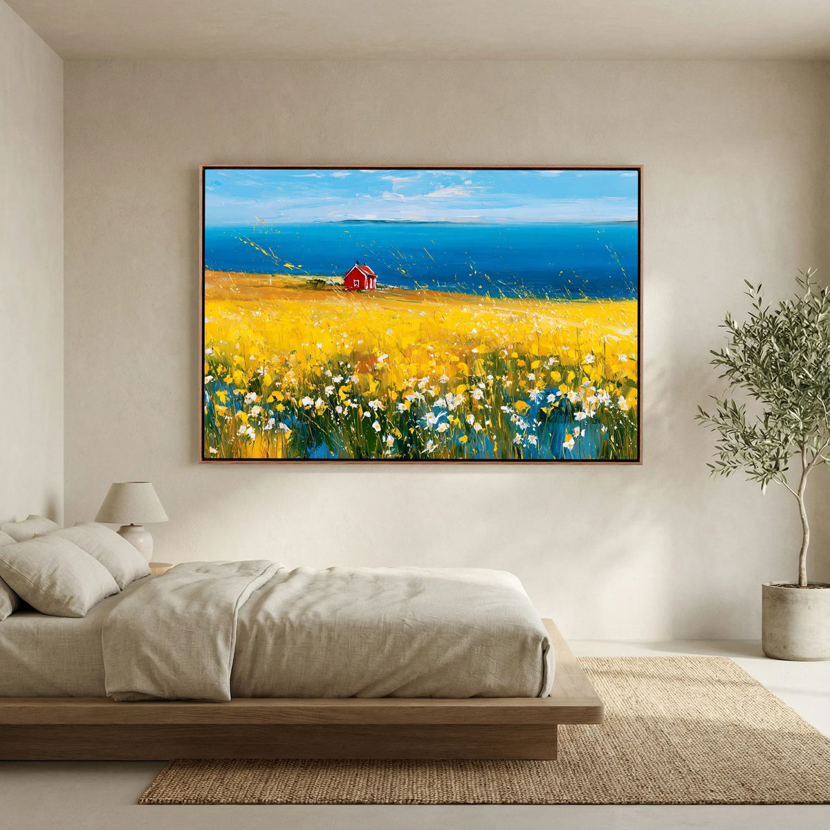 Scandinavian Red Cottage in Yellow Flower Field – Impressionist Fine Art