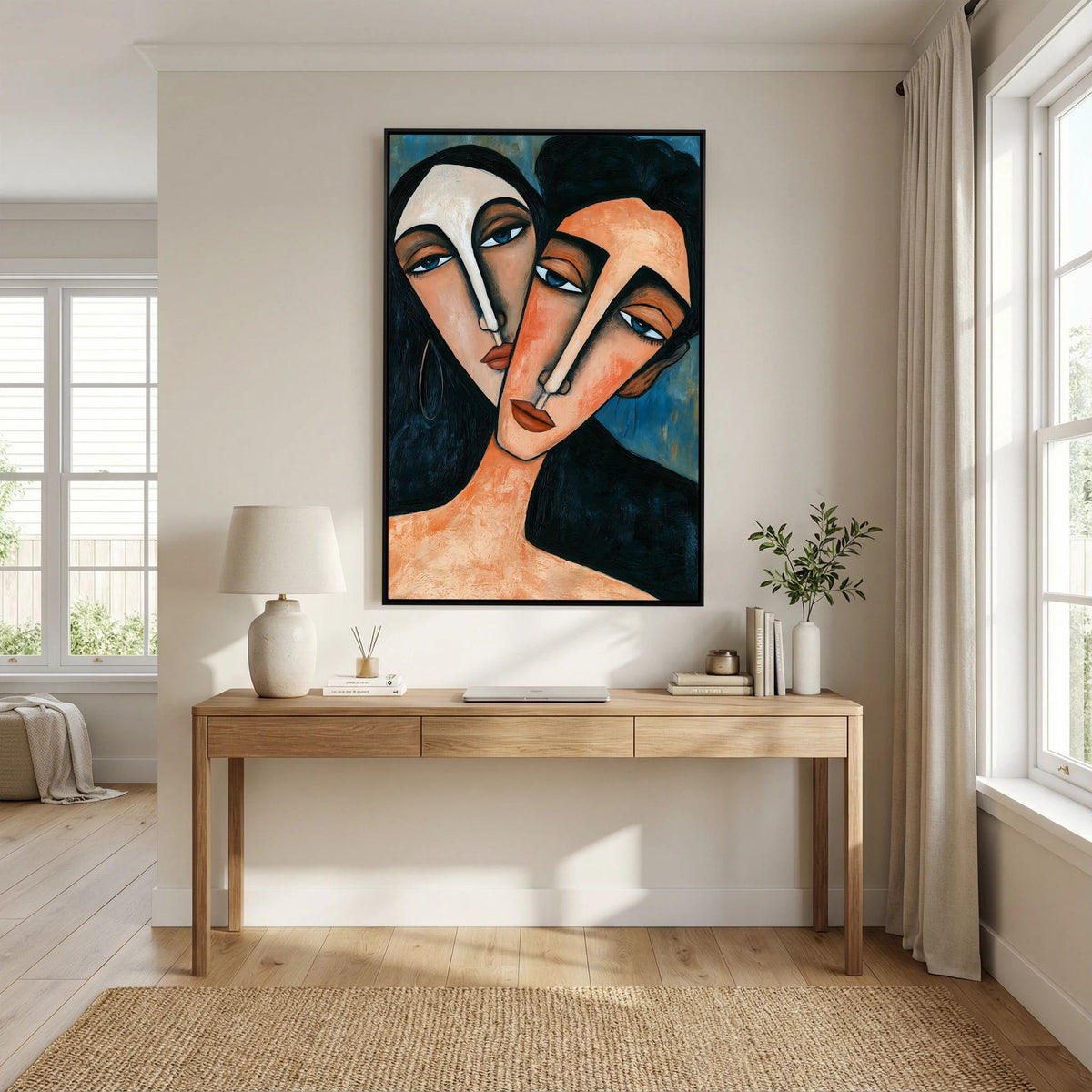 Modigliani-Inspired Cubist Lovers Portrait – Fine Art 