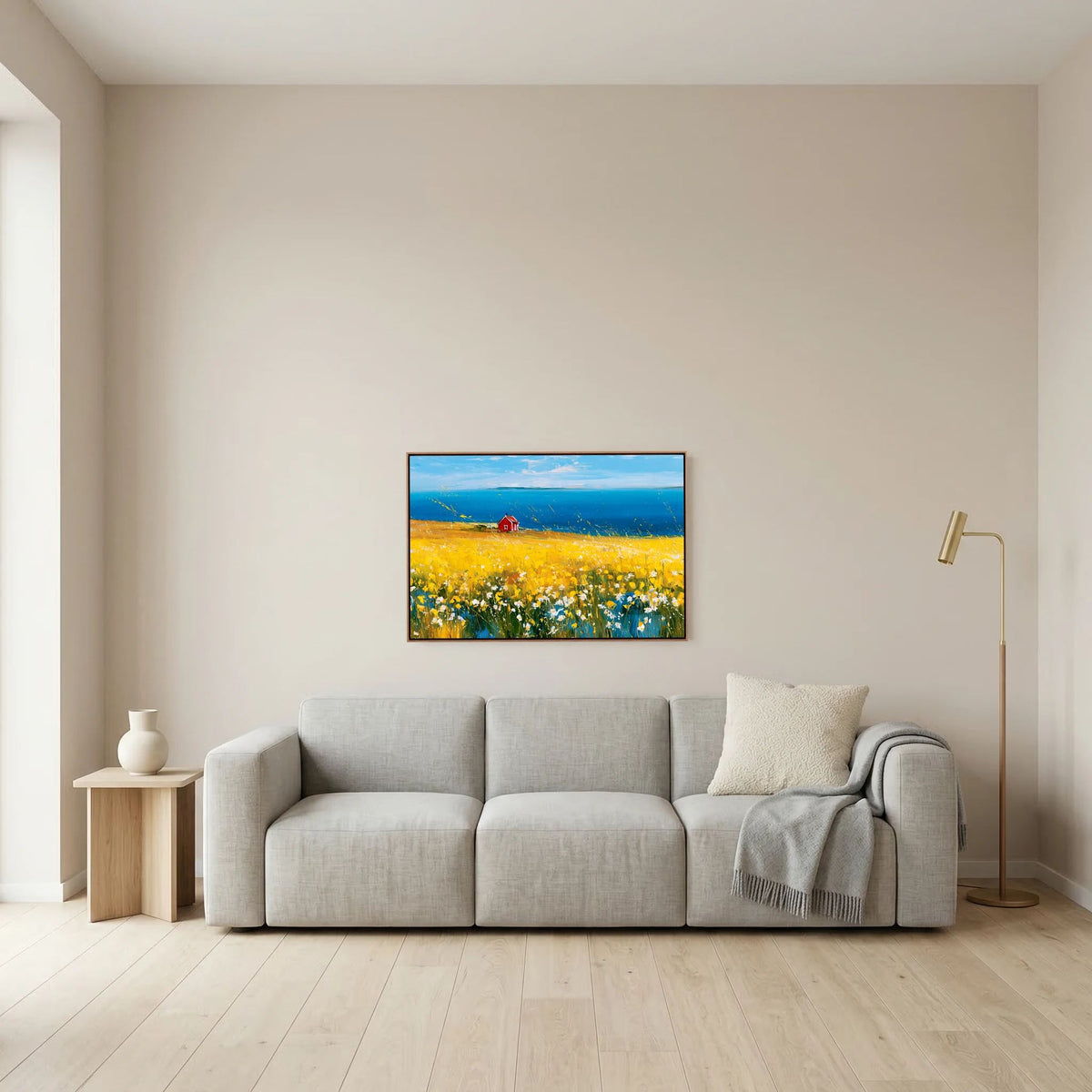 Scandinavian Red Cottage in Yellow Flower Field – Impressionist Fine Art