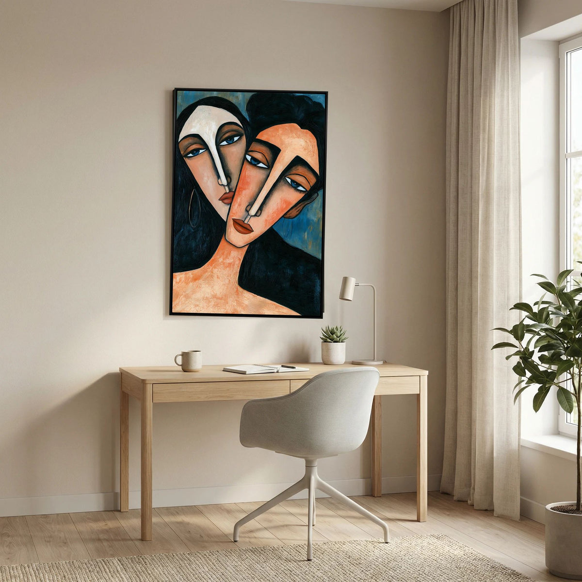 Modigliani-Inspired Cubist Lovers Portrait – Fine Art 