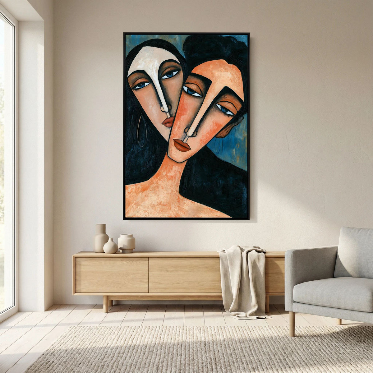 Modigliani-Inspired Cubist Lovers Portrait – Fine Art 