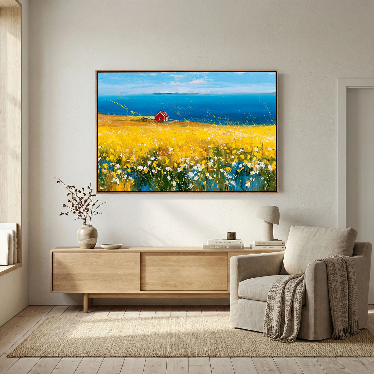 Scandinavian Red Cottage in Yellow Flower Field – Impressionist Fine Art