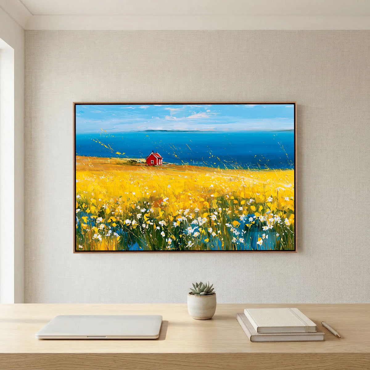 Scandinavian Red Cottage in Yellow Flower Field – Impressionist Fine Art