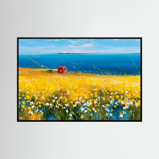 Scandinavian Red Cottage in Yellow Flower Field – Impressionist Fine Art