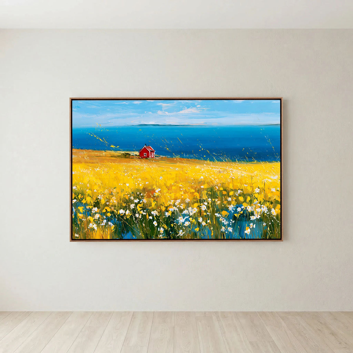 Scandinavian Red Cottage in Yellow Flower Field – Impressionist Fine Art