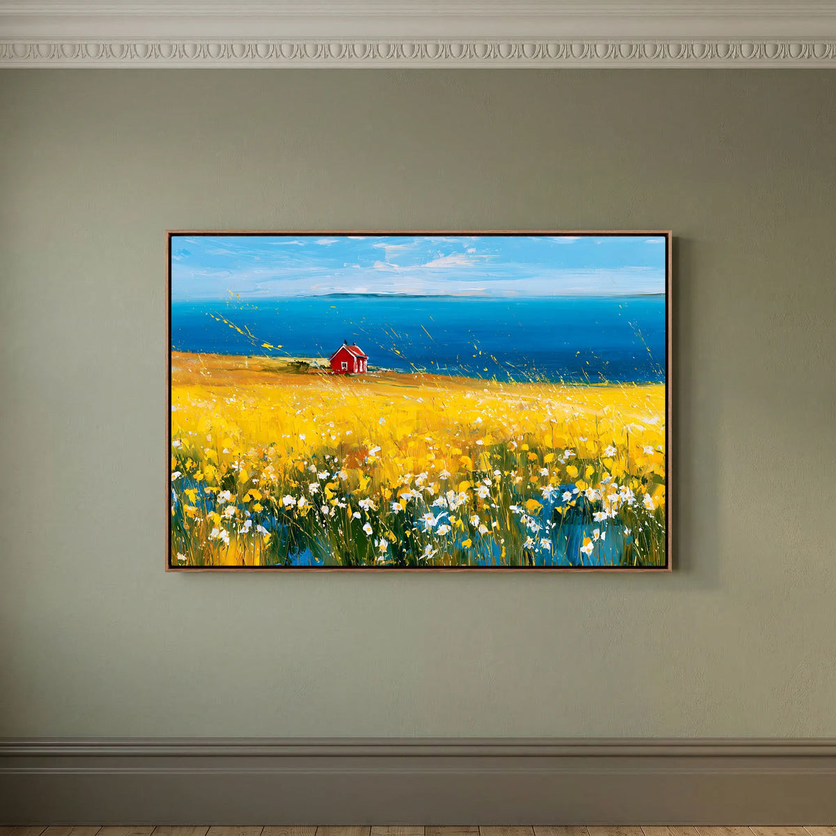 Scandinavian Red Cottage in Yellow Flower Field – Impressionist Fine Art
