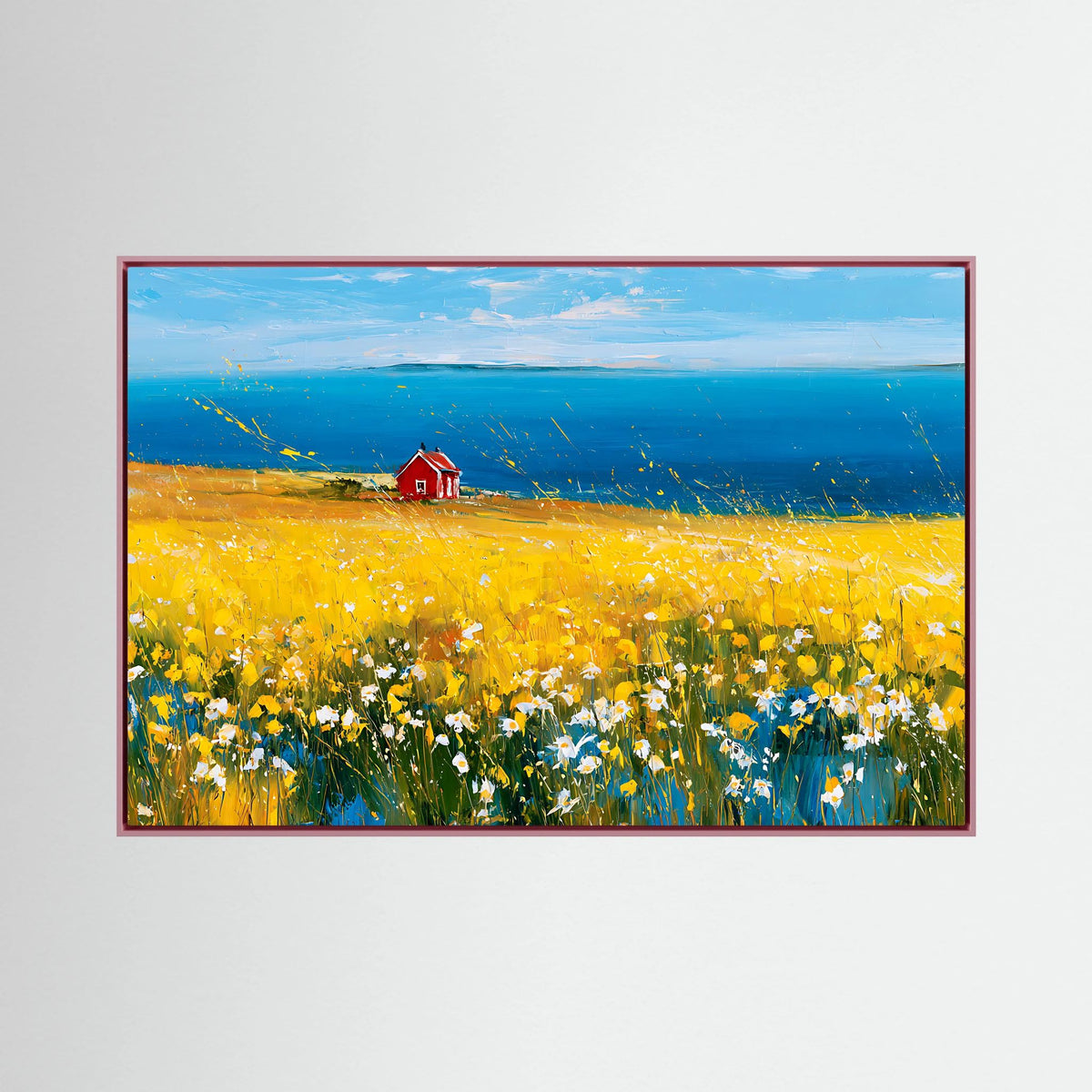 Scandinavian Red Cottage in Yellow Flower Field – Impressionist Fine Art