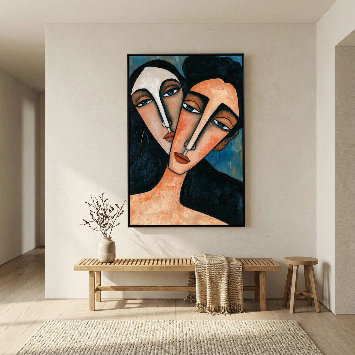 Modigliani-Inspired Cubist Lovers Portrait – Fine Art 