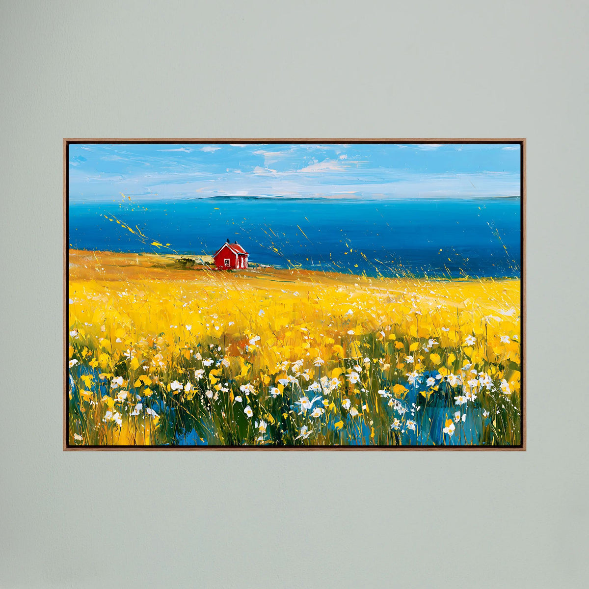 Scandinavian Red Cottage in Yellow Flower Field – Impressionist Fine Art