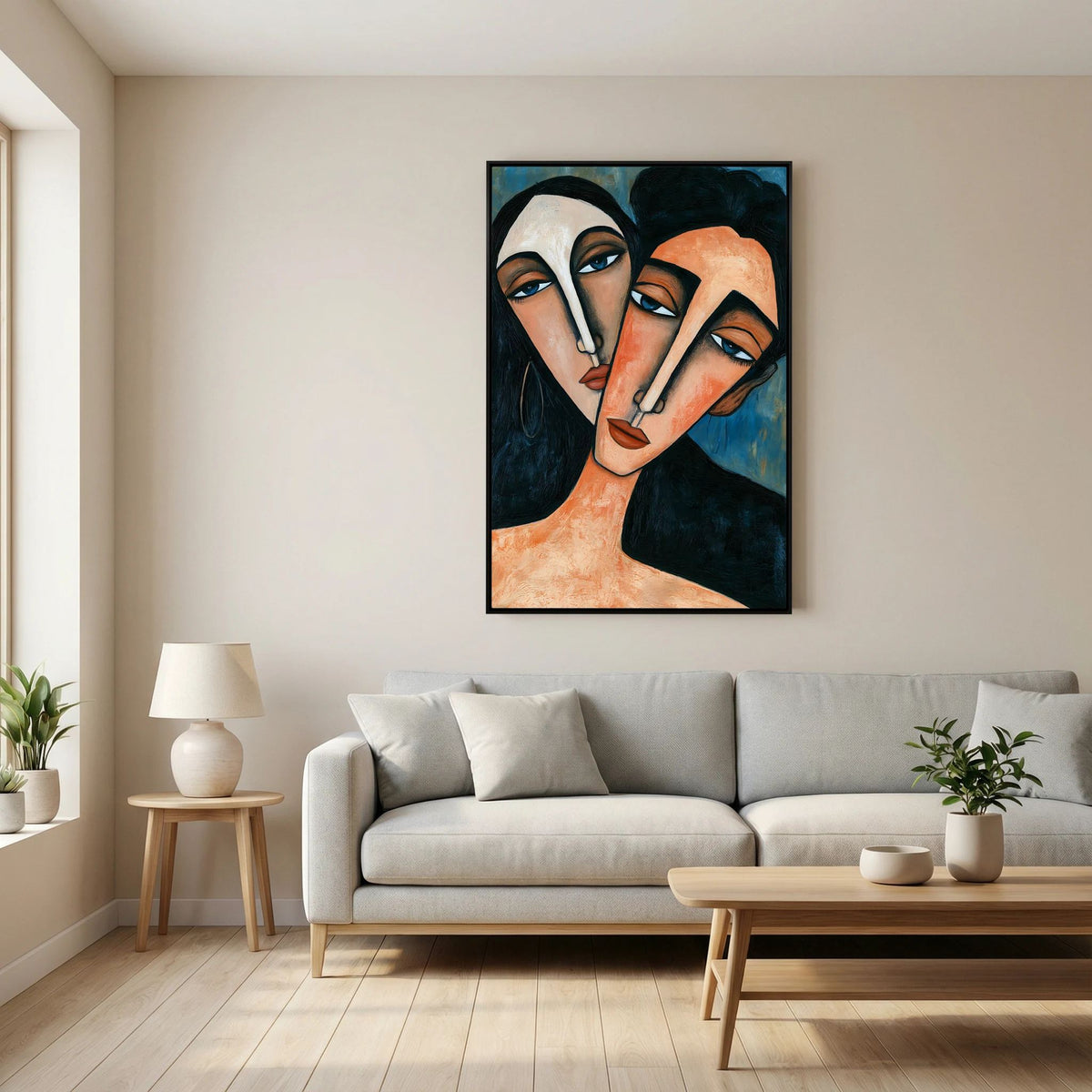 Modigliani-Inspired Cubist Lovers Portrait – Fine Art 