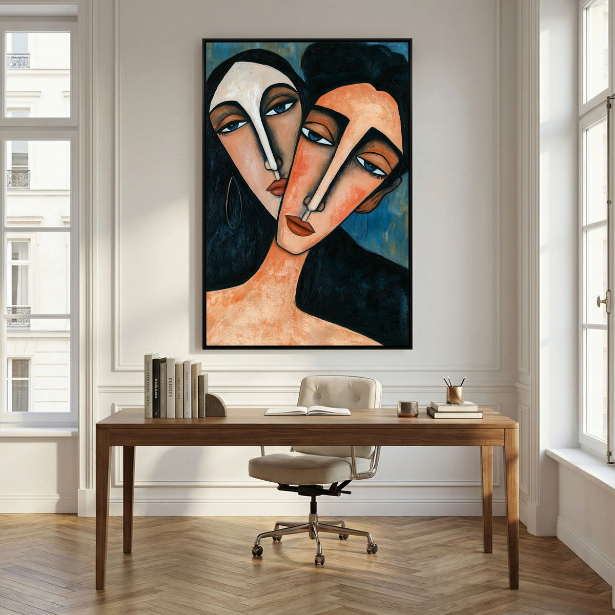 Modigliani-Inspired Cubist Lovers Portrait – Fine Art 