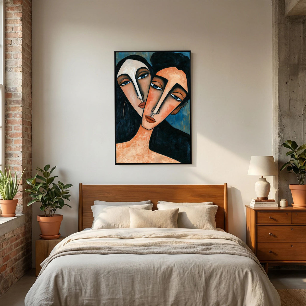 Modigliani-Inspired Cubist Lovers Portrait – Fine Art 
