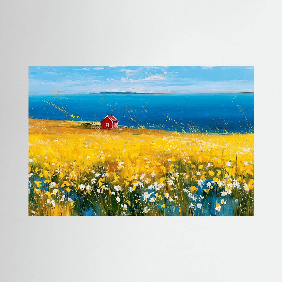 Scandinavian Red Cottage in Yellow Flower Field – Impressionist Fine Art