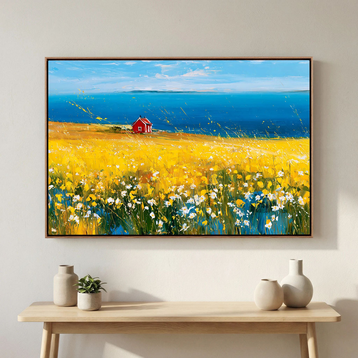 Scandinavian Red Cottage in Yellow Flower Field – Impressionist Fine Art