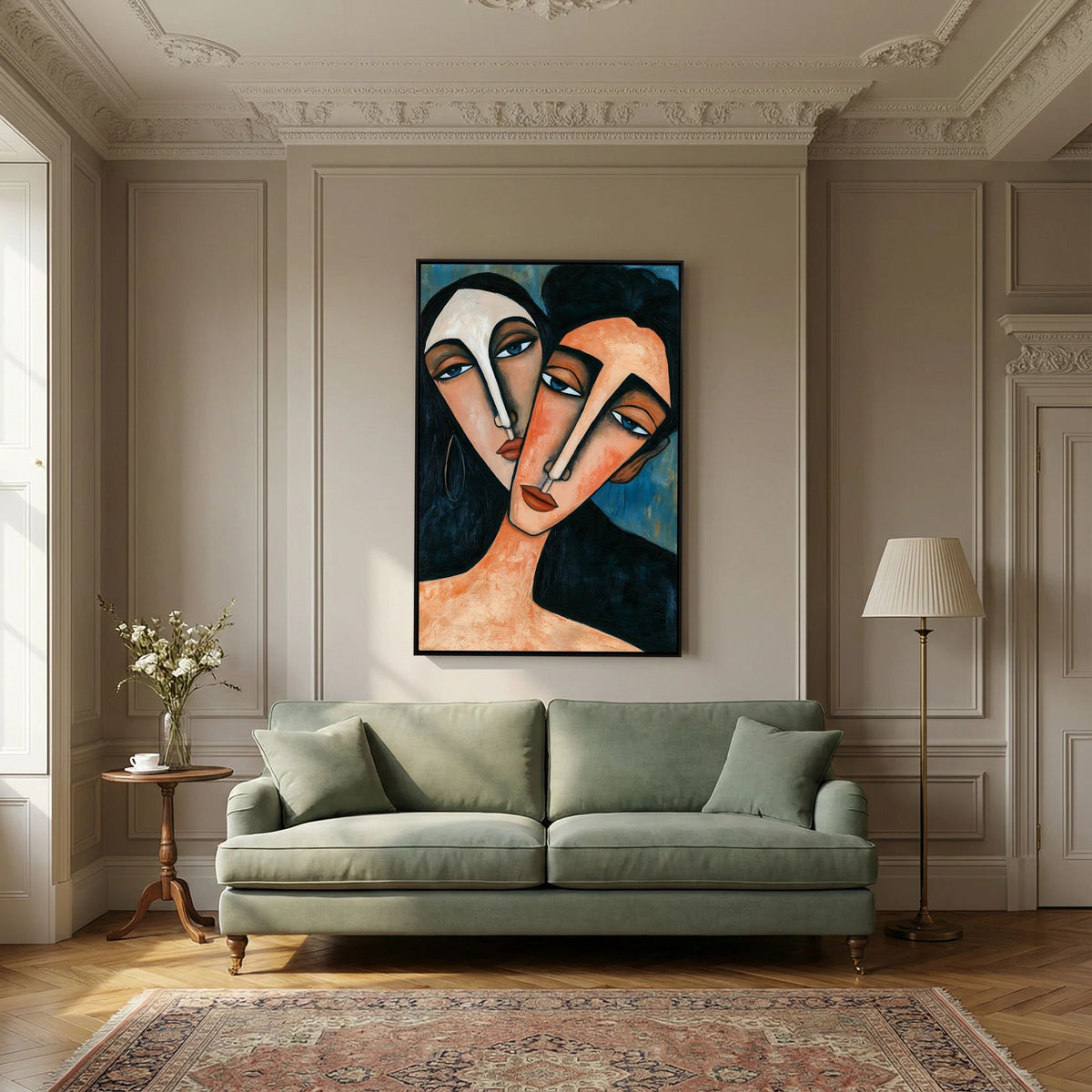 Modigliani-Inspired Cubist Lovers Portrait – Fine Art 