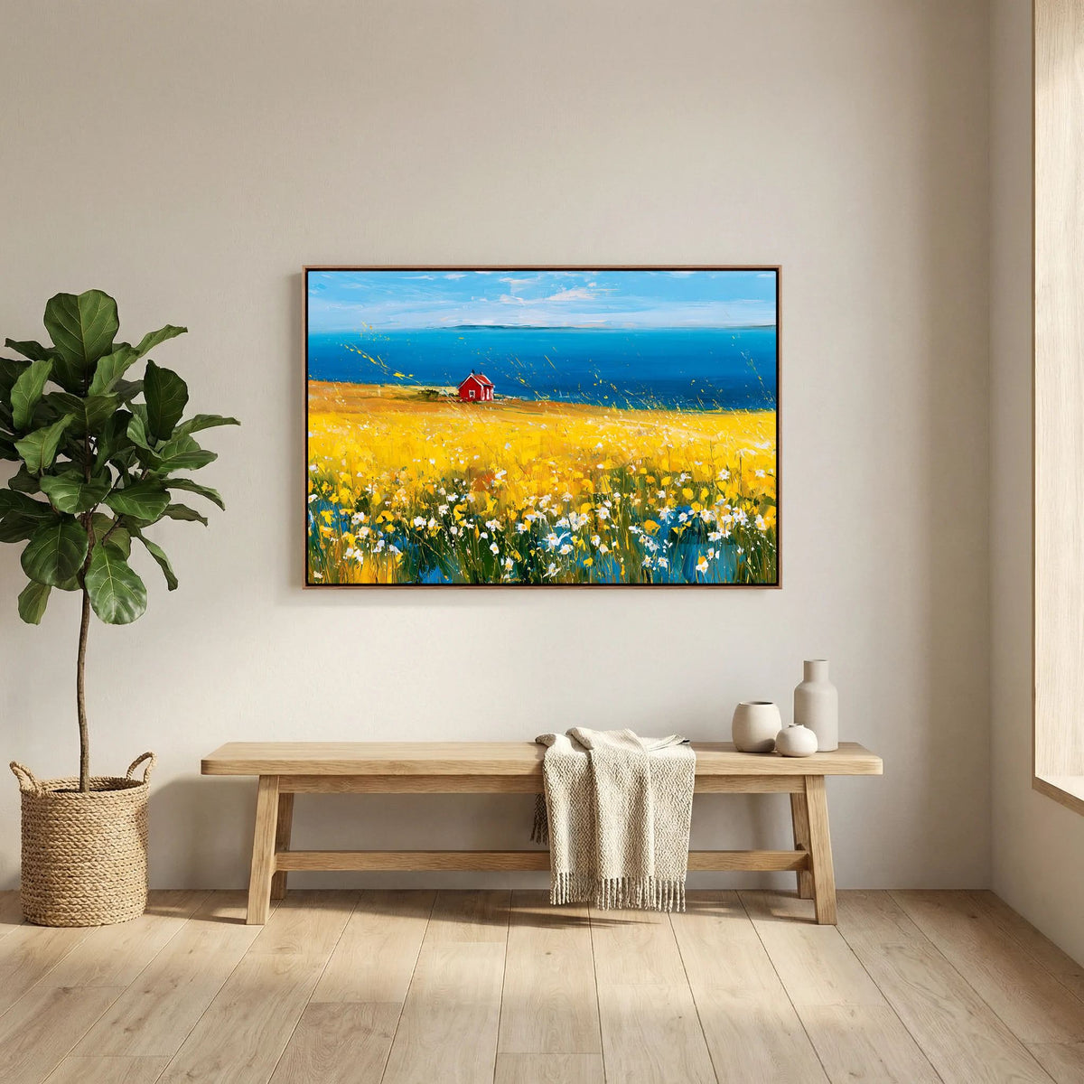 Scandinavian Red Cottage in Yellow Flower Field – Impressionist Fine Art