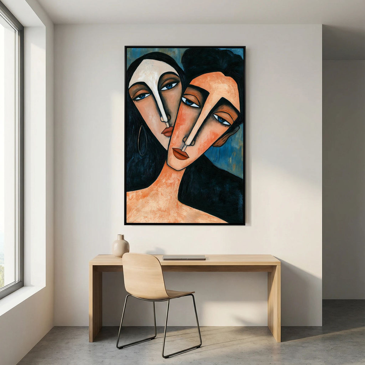 Modigliani-Inspired Cubist Lovers Portrait – Fine Art 