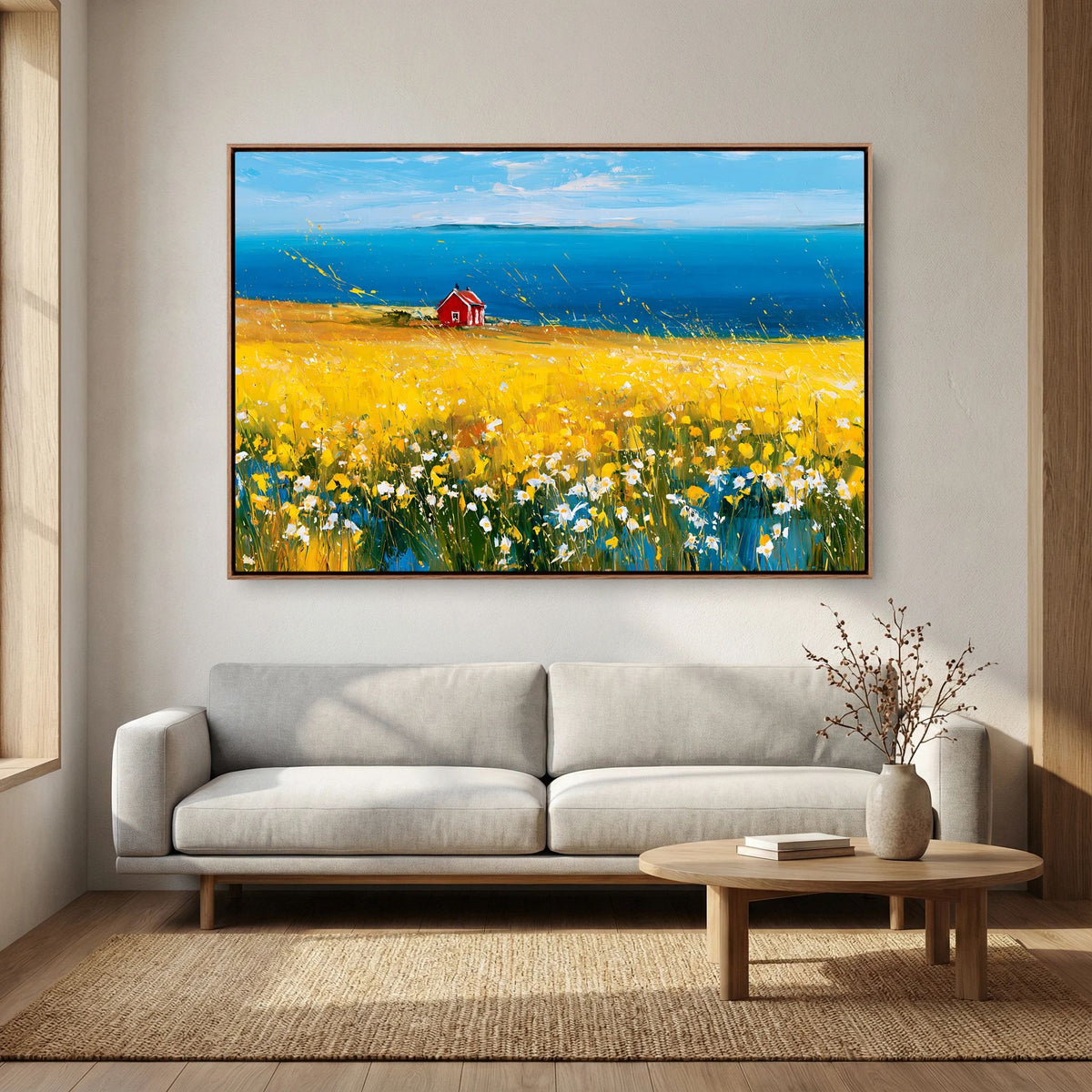 Scandinavian Red Cottage in Yellow Flower Field – Impressionist Fine Art