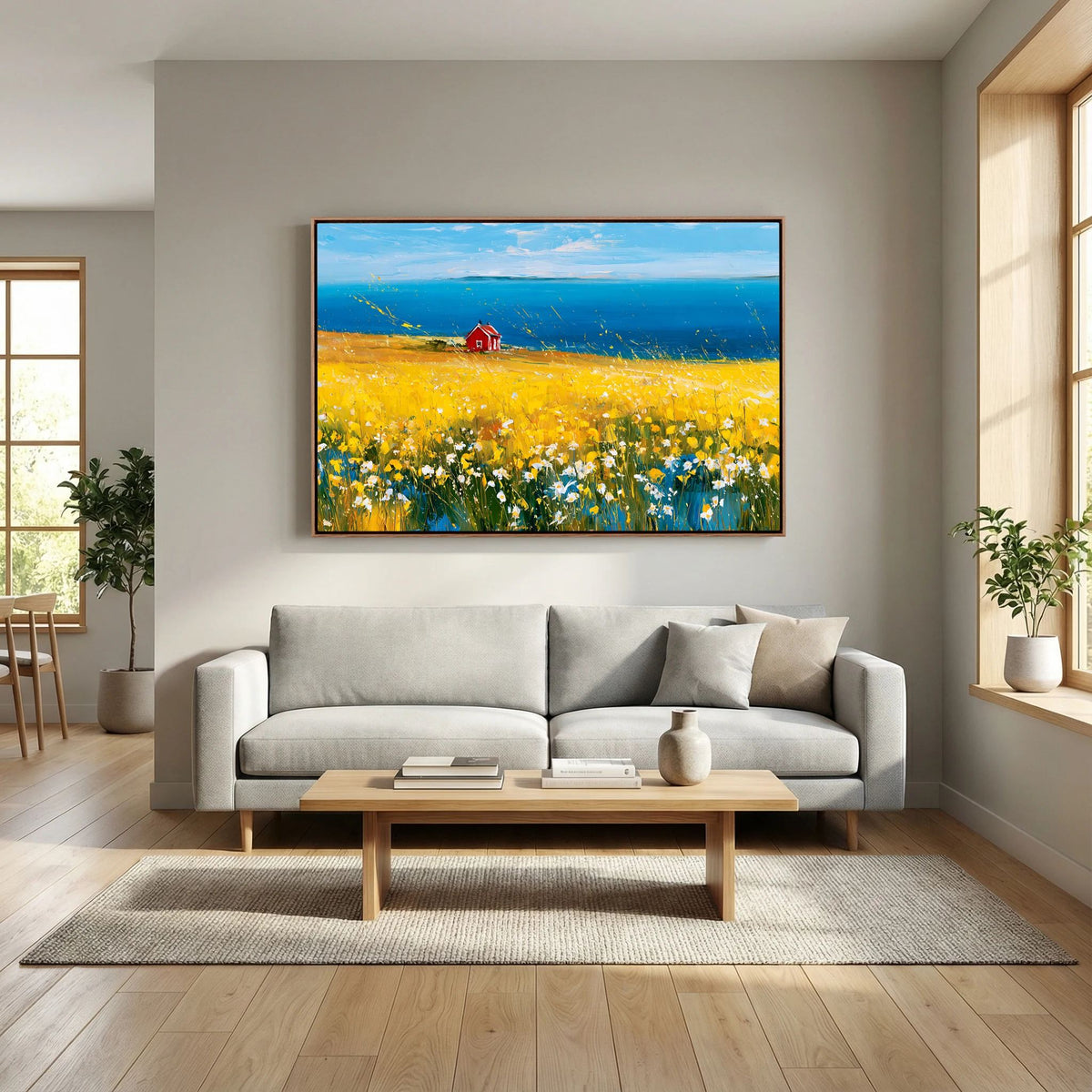 Scandinavian Red Cottage in Yellow Flower Field – Impressionist Fine Art
