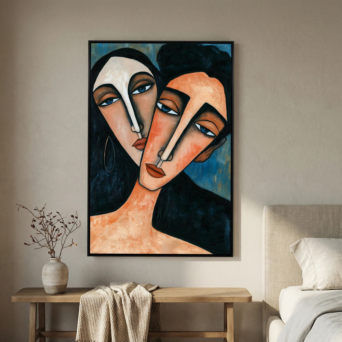 Modigliani-Inspired Cubist Lovers Portrait – Fine Art 