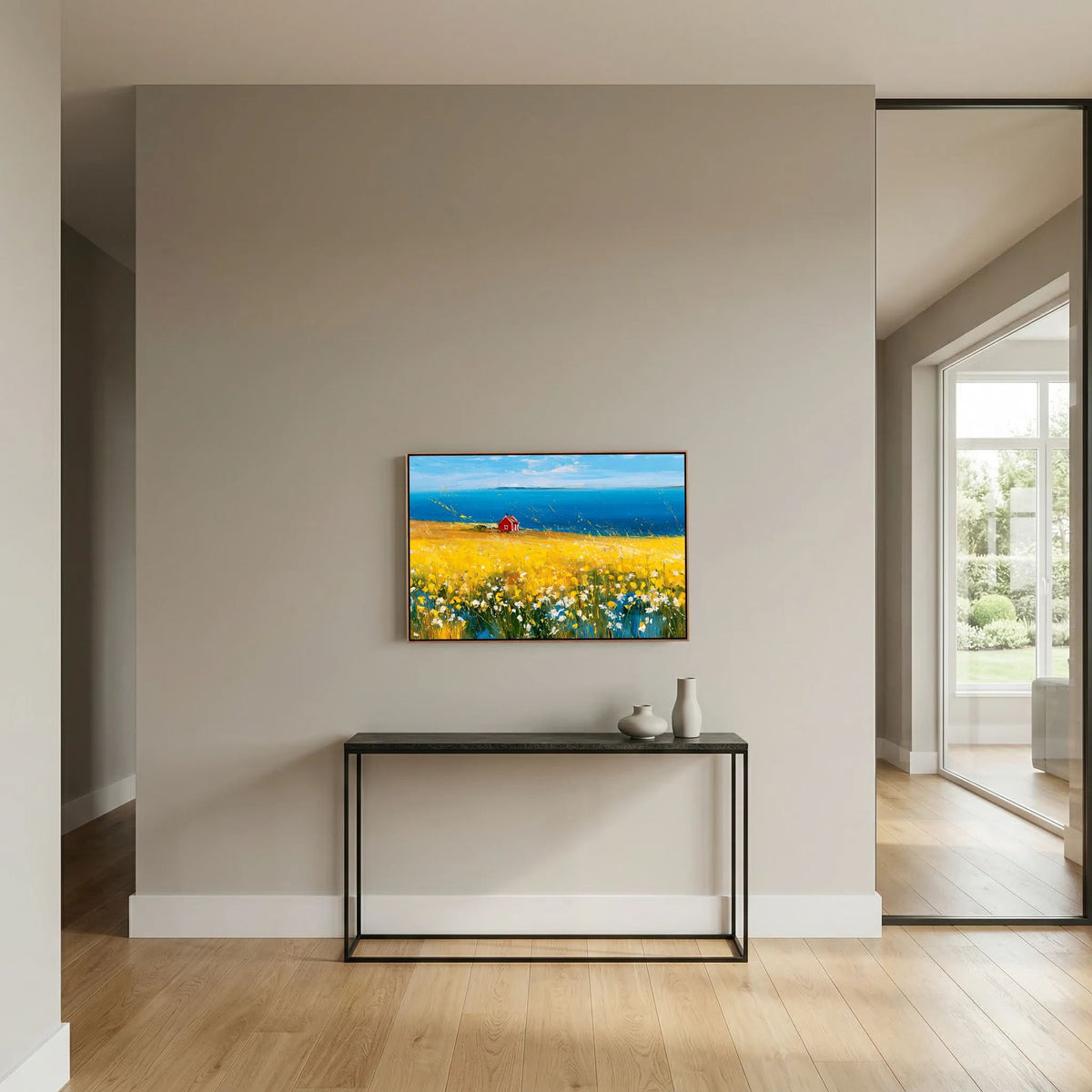 Scandinavian Red Cottage in Yellow Flower Field – Impressionist Fine Art
