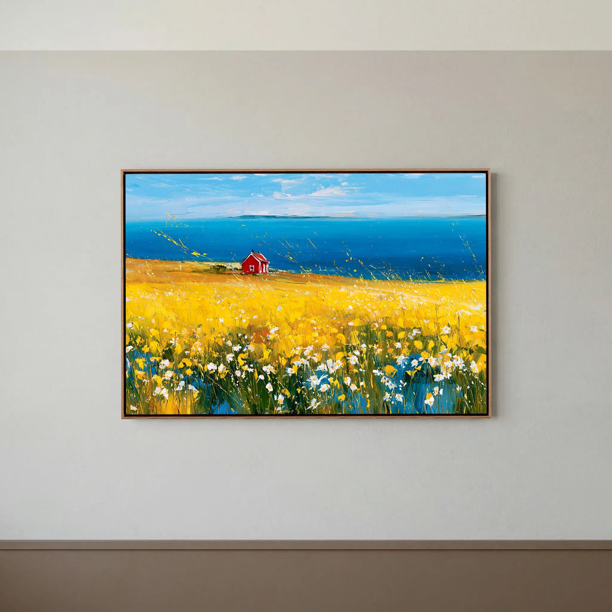Scandinavian Red Cottage in Yellow Flower Field – Impressionist Fine Art