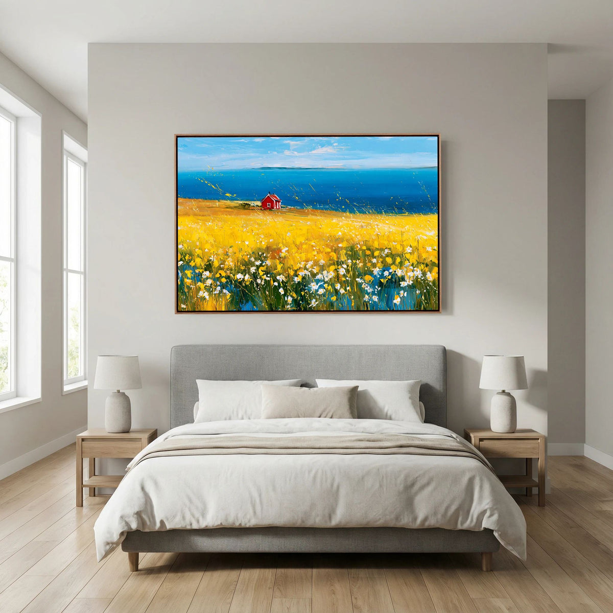 Scandinavian Red Cottage in Yellow Flower Field – Impressionist Fine Art