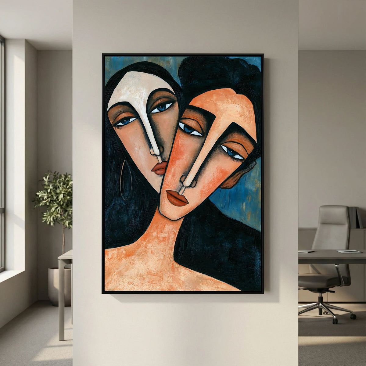 Modigliani-Inspired Cubist Lovers Portrait – Fine Art 