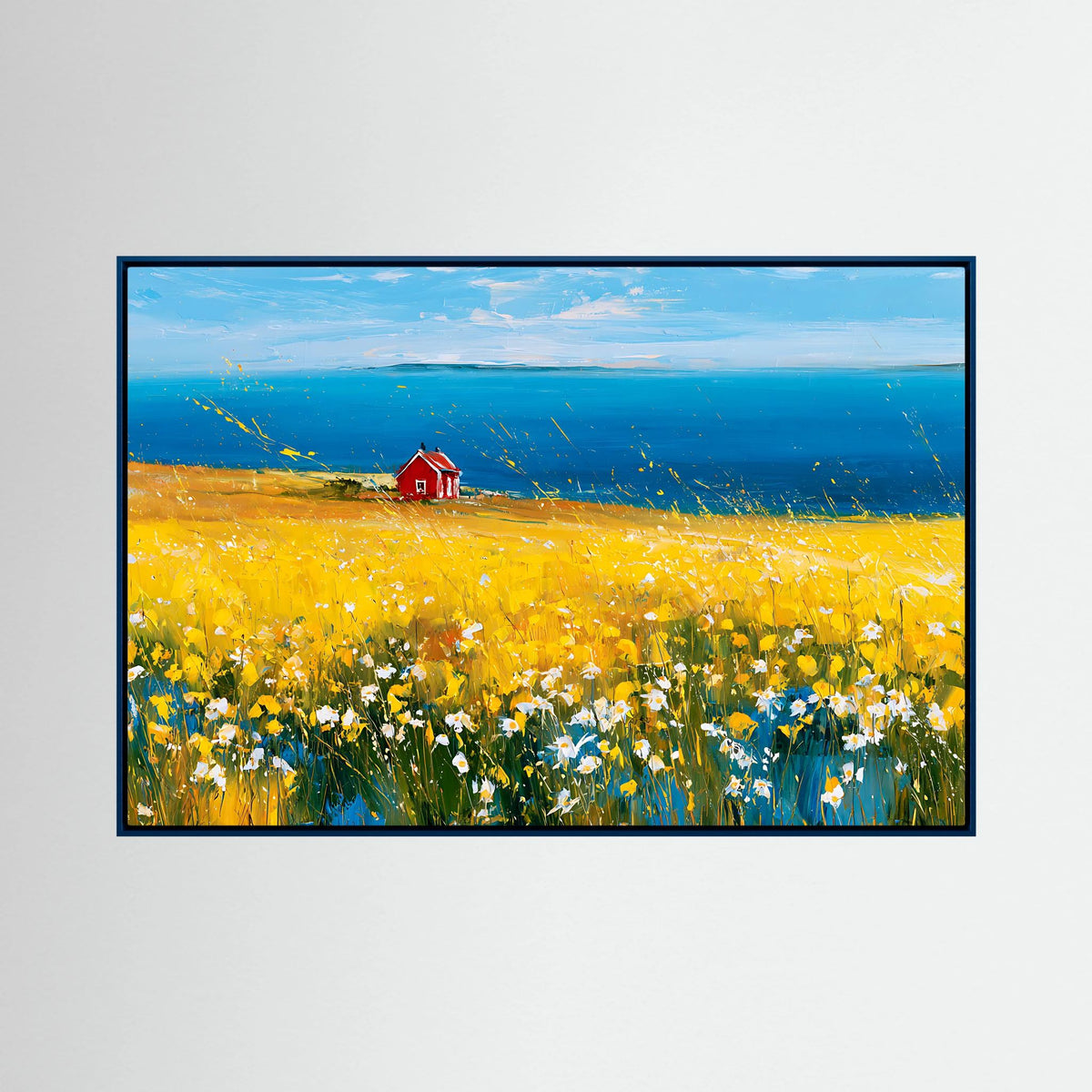 Scandinavian Red Cottage in Yellow Flower Field – Impressionist Fine Art