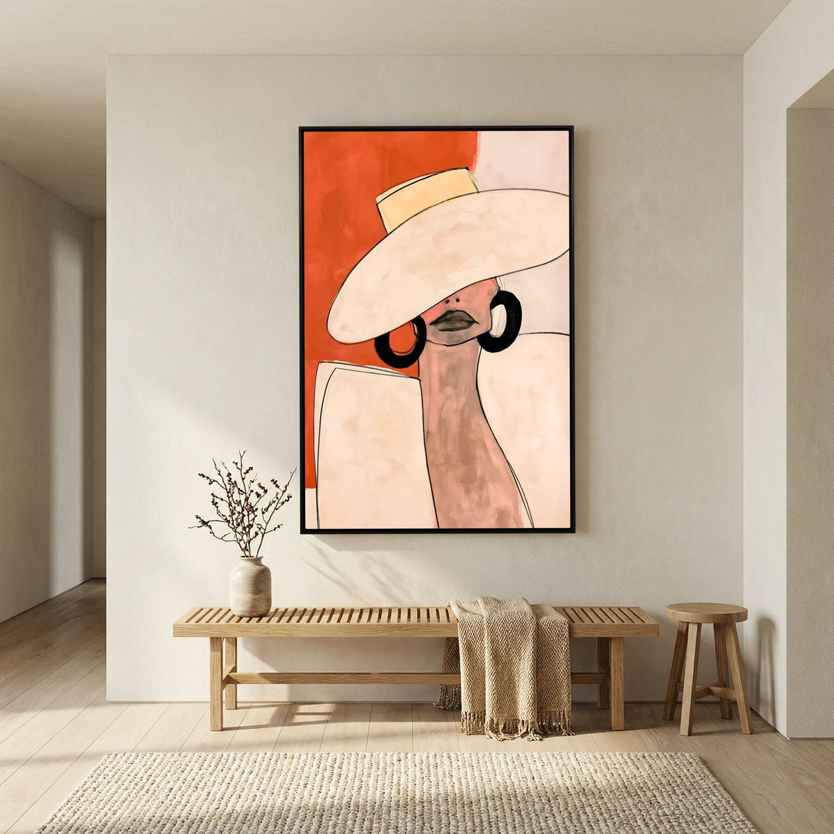 Minimalist Terracotta Fashion Poster – Elegant Woman in Sun Hat Wall Art