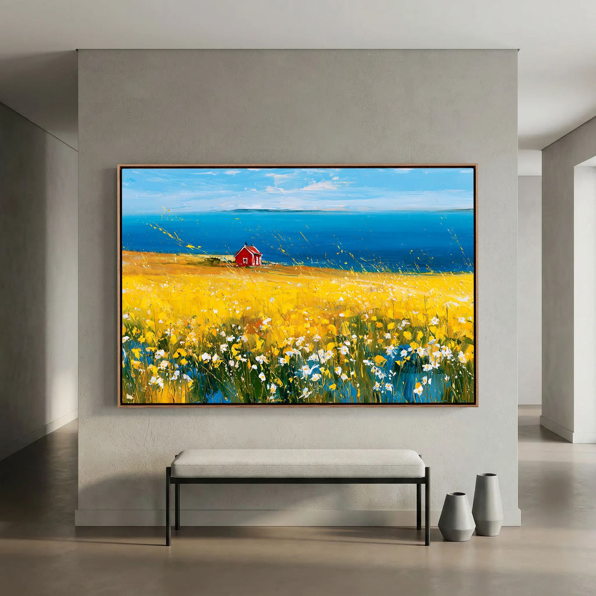Scandinavian Red Cottage in Yellow Flower Field – Impressionist Fine Art