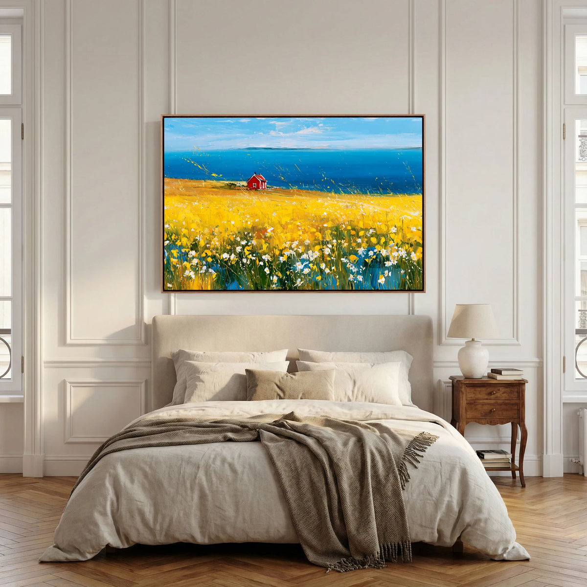 Scandinavian Red Cottage in Yellow Flower Field – Impressionist Fine Art