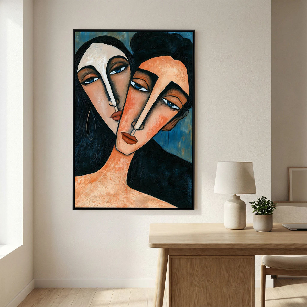 Modigliani-Inspired Cubist Lovers Portrait – Fine Art 