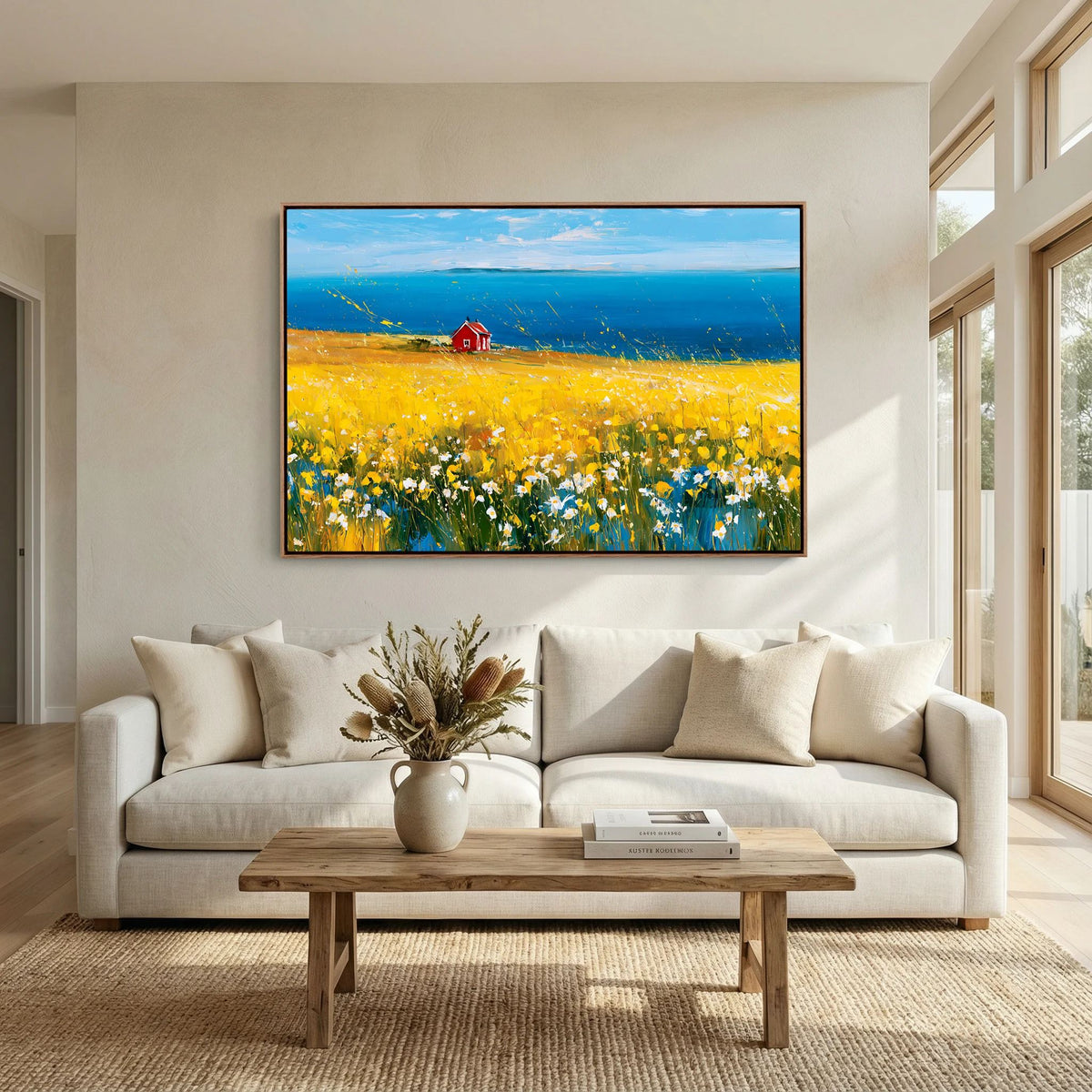 Scandinavian Red Cottage in Yellow Flower Field – Impressionist Fine Art