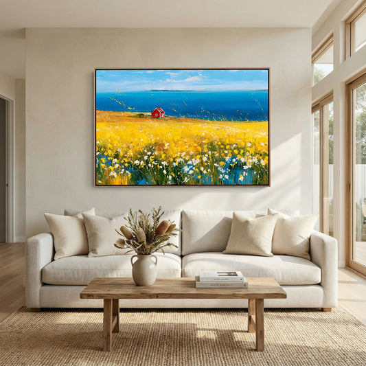 Scandinavian Red Cottage in Yellow Flower Field – Impressionist Fine Art