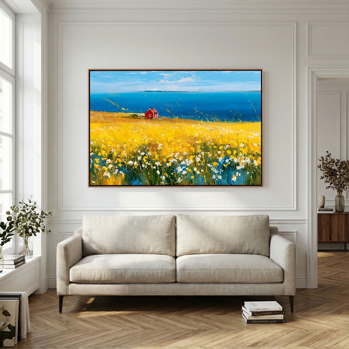 Scandinavian Red Cottage in Yellow Flower Field – Impressionist Fine Art