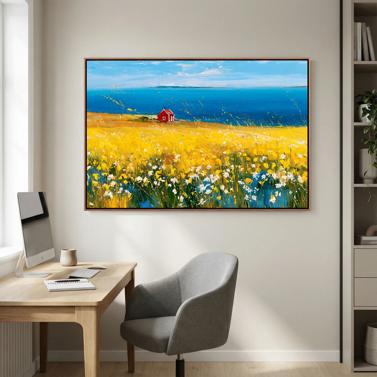 Scandinavian Red Cottage in Yellow Flower Field – Impressionist Fine Art
