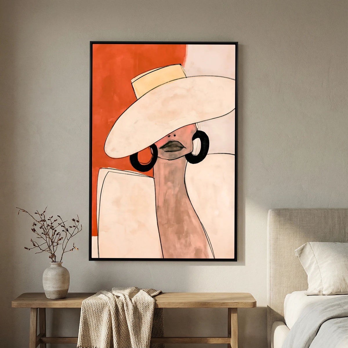 Minimalist Terracotta Fashion Poster – Elegant Woman in Sun Hat Wall Art