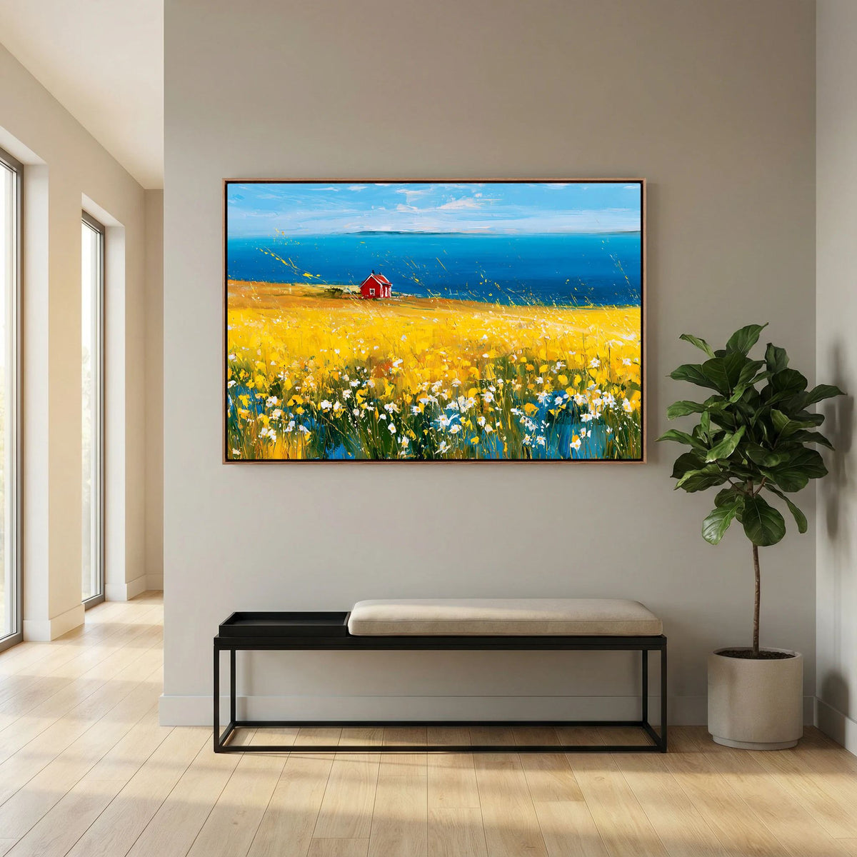 Scandinavian Red Cottage in Yellow Flower Field – Impressionist Fine Art