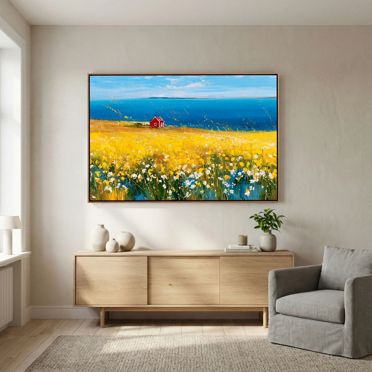 Scandinavian Red Cottage in Yellow Flower Field – Impressionist Fine Art