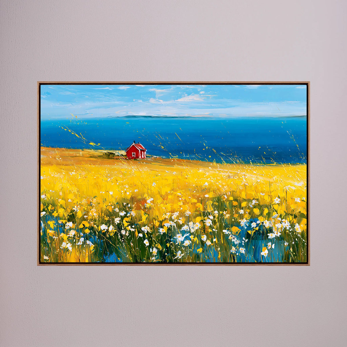 Scandinavian Red Cottage in Yellow Flower Field – Impressionist Fine Art