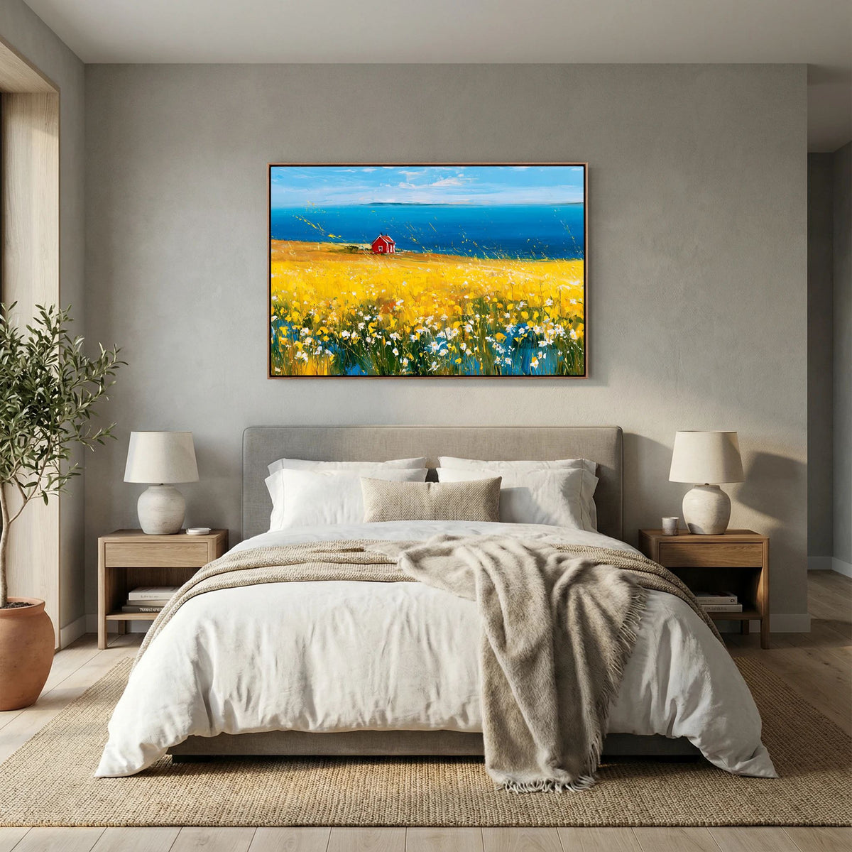Scandinavian Red Cottage in Yellow Flower Field – Impressionist Fine Art